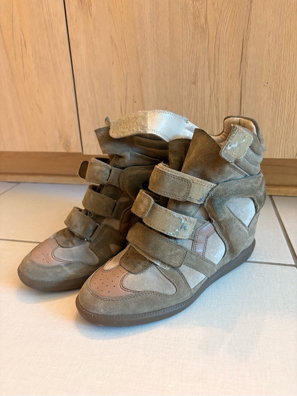 Isabel Marant Olive and Taupe Suede Hidden Wedge High-Top Sneakers